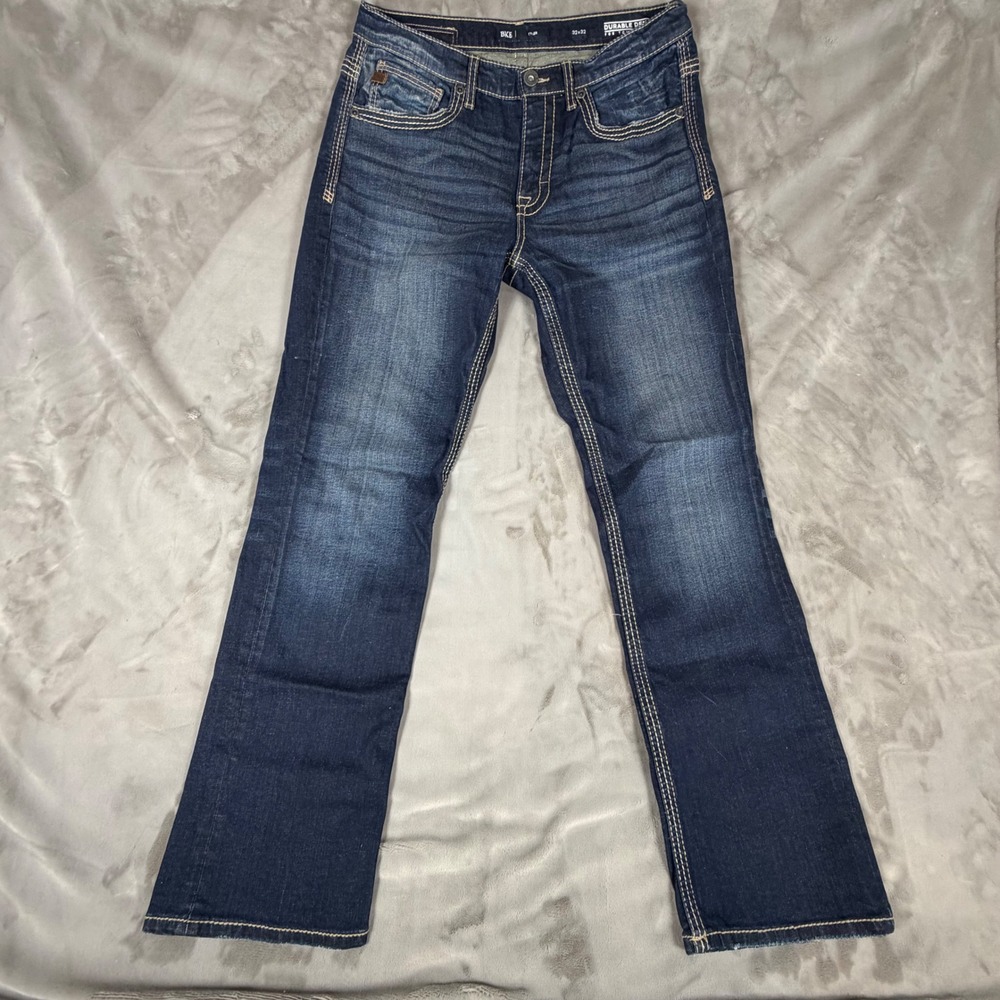 BKE Tyler Mens Dark Wash Bootcut Jeans 32x32 Durable Denim Contrast Stitch